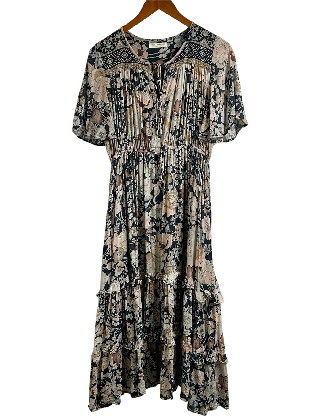 Spell & The Gypsy Collective Black A-Line Boho Floral Lined Midi Dress, Medium